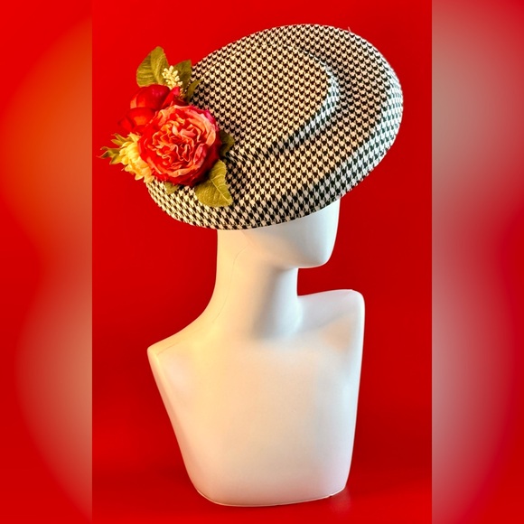 She_Stylish Accessories - Houndstooth Hat Fascinator with Rose and Peony Accent